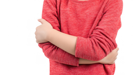 Close up of a child wearing a red shirt, crossing their arms across their chest, conveying feelings of unease, anxiety, or defensiveness, isolated on a transparent background