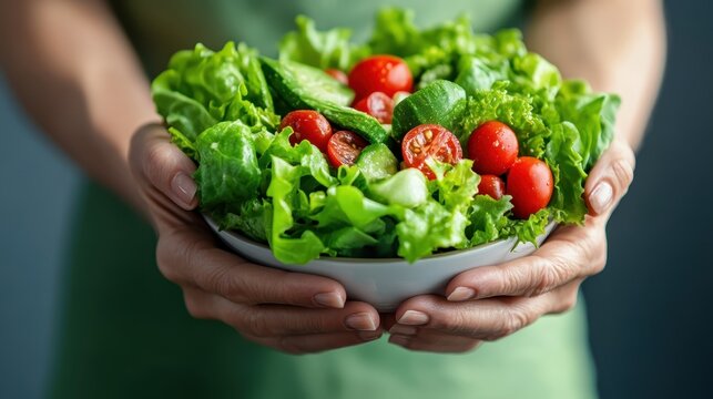 A hand holding a colorful, fresh salad bowl filled with ripe cherry tomatoes, crisp lettuce, and cucumbers, highlighting the importance of healthy eating.