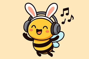 Cute BunnyEared Bee Listening to Music Joyfully Dancing