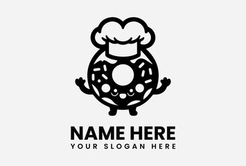 Cartoon donut character wearing a chef's hat with sprinkles and a smiling face.