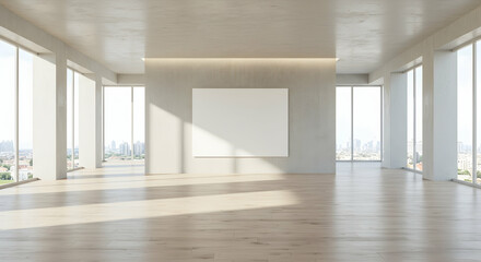 Fototapeta premium Bright modern gallery interior with blank canvas and city view
