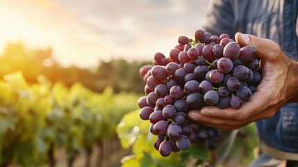 A vibrant close-up of a man's hands cradling a bunch of freshly harvested grapes, with a sunlit vineyard backdrop, representing abundance, nature, and the joy of agriculture.