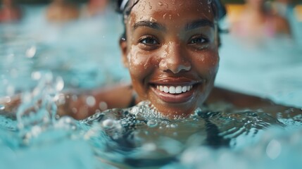 A joyful image of a smiling woman just beneath the surface of a bright blue swimming pool, capturing the essence of happiness, vitality, and refreshing summer fun.