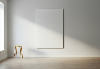 Minimalist interior with blank canvas wooden stool and sunlight streaming through window