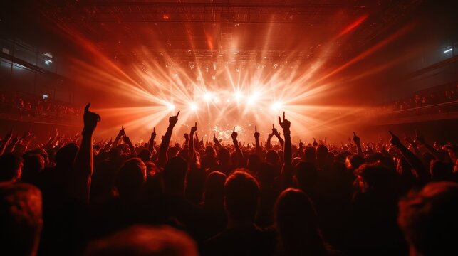 A sea of enthusiastic fans with raised hands capture the electrifying atmosphere of a concert, radiating energy and excitement in a stunning visual experience.