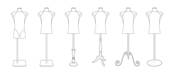Vector illustration of five different dressmaker mannequins on various stands. Line art style. Isolated on white background. Horizontal orientation. Ideal for fashion or tailoring design.