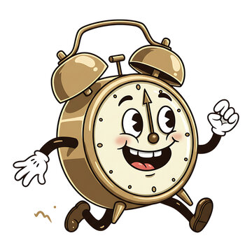 Happy cartoon alarm clock running with smile, showing excitement, motivation, and active start to the day