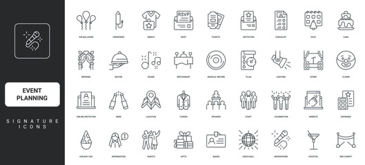 Timeline plan of celebration, music thin black symbols vector illustration. Event planning, wedding and birthday party, conference organization, registration and invitation line icon set.