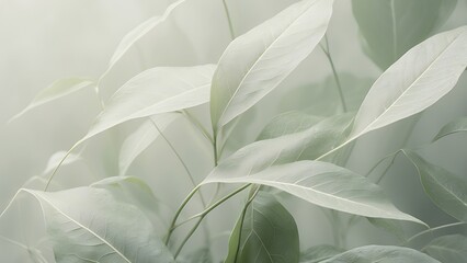 Green Eucalyptus Leaves on Foggy Background Natural Serenity