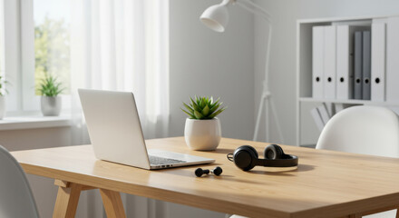 A modern smart office desk with a sleek laptop, wireless headphones, and a green plant, soft daylight,