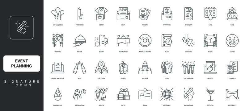 Timeline plan of celebration, music thin black symbols vector illustration. Event planning, wedding and birthday party, conference organization, registration and invitation line icon set.