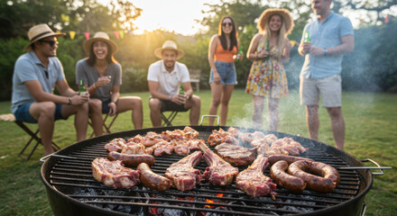 South African braai, with various meats grilling over an open flame. Taken with friends gathered around the fire.