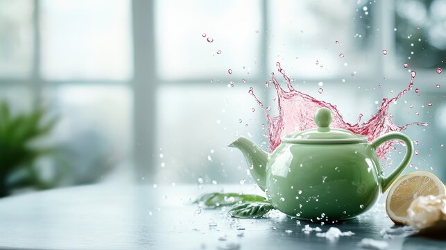 A vibrant green teapot captures a dynamic splash of pink liquid, artistically embodying the fusion of nature and playful creativity while evoking feelings of freshness and tranquility.