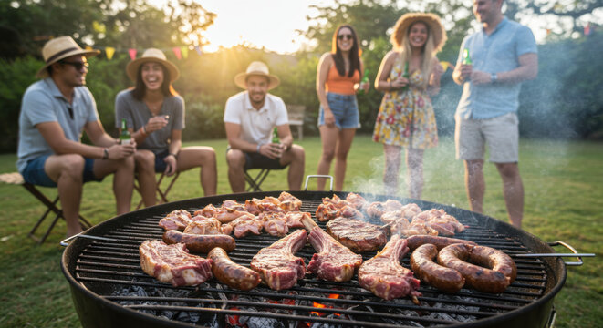 South African braai, with various meats grilling over an open flame. Taken with friends gathered around the fire.	

