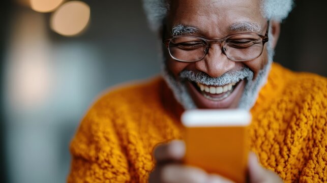 An elderly man with a broad smile interacting with a smartphone, expressing the happiness technology brings into our lives at any age, bridging generational gaps through connection.