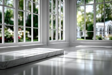 Obraz premium 3D rendering of a white marble windowsill in front of a large bay window with trees and houses outside