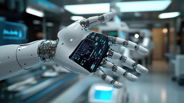 Robotic hand with a touchscreen interface in a modern medical environment.