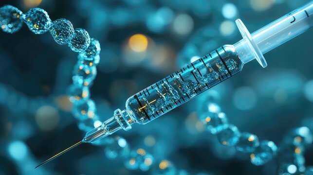 Scientific illustration of DNA structure with a syringe and injection.