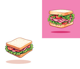 Vsai delicious floating sandwich with ham, lettuce, and tomato on white and pink backgrounds