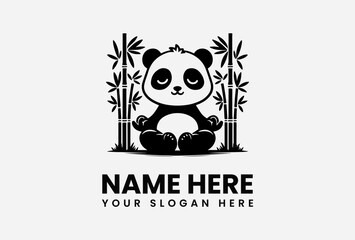 Serene panda bear meditating amidst bamboo stalks, a minimalist logo design.