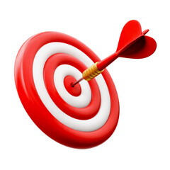 Red dartboard with dart in bullseye isolated on transparent background