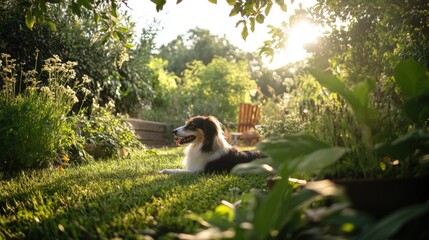 Fototapeta premium cinematic photo, sunny, Long-haired collie, garden in the background