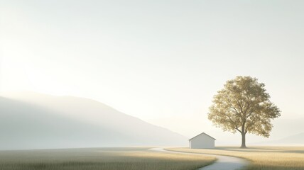 A tranquil nature scene symbolizing the Trinity: a large tree (Father), a path (Son), and wind in the grass (Spirit)