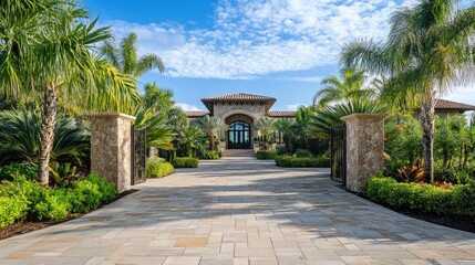 Obraz premium Luxury house entrance under a clear blue sky, showcasing elegance and tranquility in a serene outdoor setting.