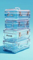 Stack of empty transparent suitcases on light blue background