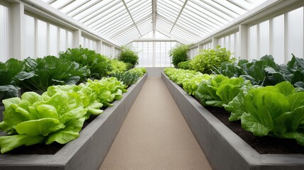 Vegetable garden in a greenhouse with leafy green letuuce and cabbage 