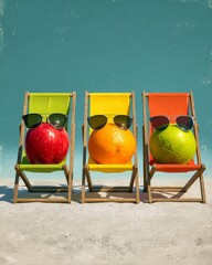 An apple, an orange and a lime with sunglasses in lounge chairs on the beach as a poster design 
