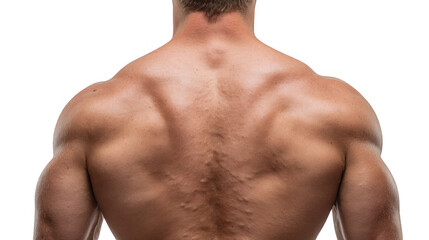 Fototapeta premium Close up of a muscular bodybuilder showing his defined back and shoulders, highlighting his physique and strength against a transparent background, perfect for fitness and health related projects