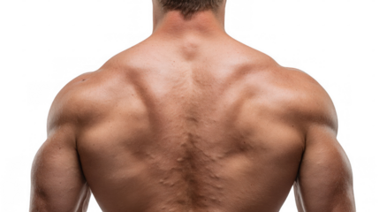 Close up of a muscular bodybuilder showing his defined back and shoulders, highlighting his physique and strength against a transparent background, perfect for fitness and health related projects