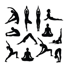 Diverse Yoga Poses Silhouettes for Fitness and Well being, A Collection of Yogic Asanas Showcasing Flexibility, Balance, and Strength