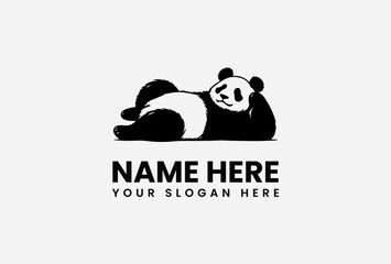 Relaxed panda logo design, featuring a stylized black and white panda lying down. © Popvectordesign