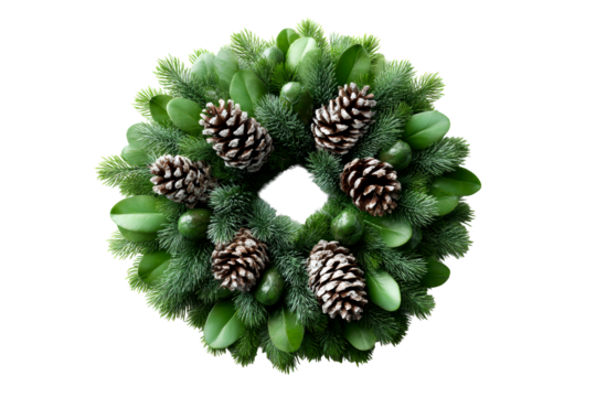 Festive wreath with pinecones and green foliage for seasonal decor