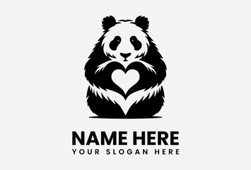 Adorable panda bear logo design, holding a heart, symbolizing love and affection.