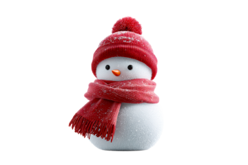 Cute snowman wearing a red hat and scarf on a transparent background