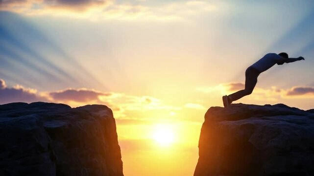 A determined man silhouetted against a vibrant sunset leaps across a wide gap between two rocky cliffs