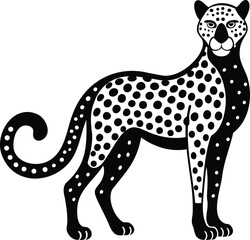 Stylized black and white image of a spotted leopard, facing forward