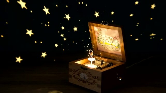 A beautifully crafted music box with a dancing figurine, surrounded by glowing star decorations