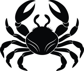 Black silhouette of a crab with claws raised up on white background