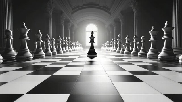 Strategic Chess Game: King Piece Standing Tall in Grand Hall for Leadership Concept