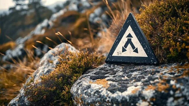 Scenic rocky trail with a caution sign pointing the way to split mountain path