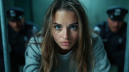 A woman displays a gripping expression while being watched by two police officers in a tense confinement environment, capturing a moment of uncertainty and fear.
