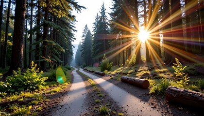 sunlit forest path with logs on road, on left, copy space on right.