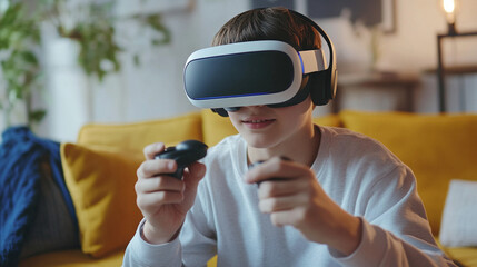 Teen playing VR game in living room Close-up