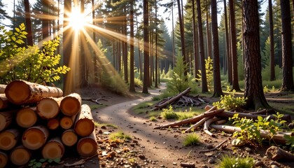 sunlit forest path with stack of logs position at the top of the image ample copy space at the bottom for text.