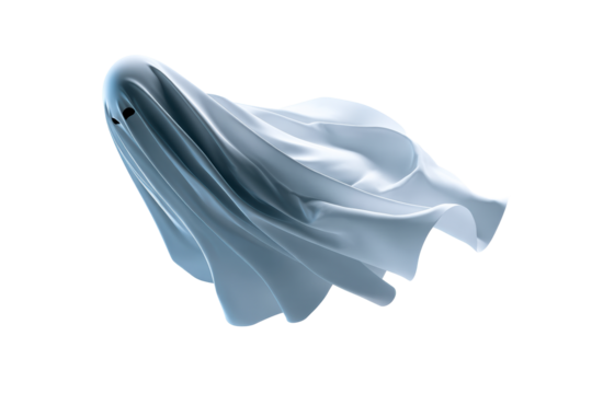 A spectral figure draped in flowing white fabric hangs in mid air