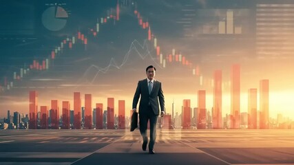 Businessman walking confidently in a cityscape with rising stock market graphs and sunset background